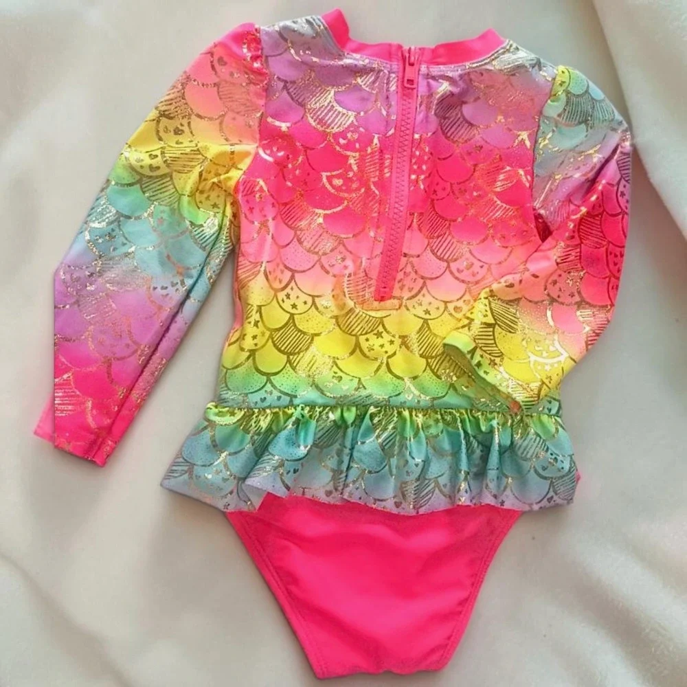Size 2T Cat & Jack Swimsuit Pink Rainbow Mermaid Scale Gold Foil Ruffle